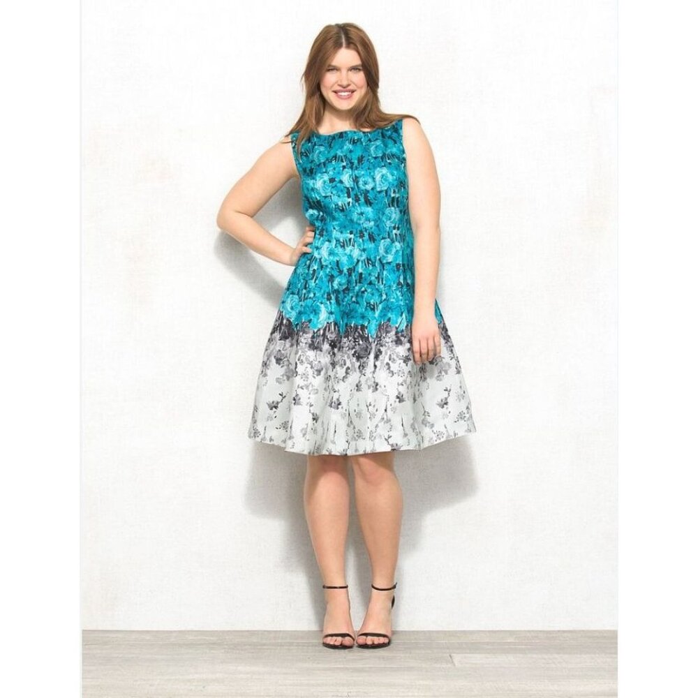 Julian Taylor Teal Floral Fit & Flare Dress Size 12 Summer Wedding Sleeveless